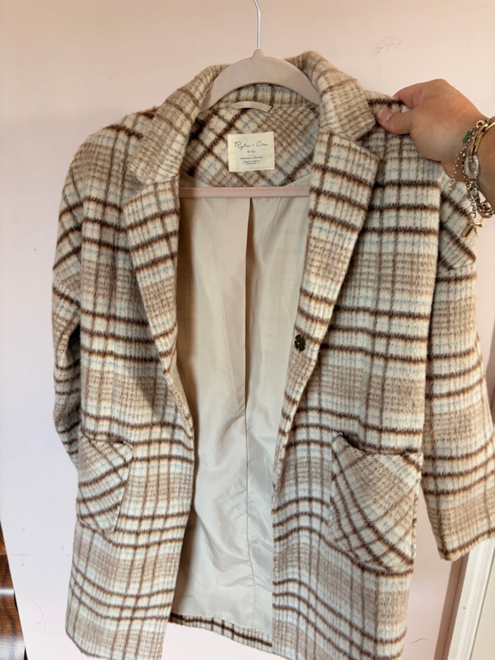 Rylee + Cru Cream and Brown Plaid Pea Coat